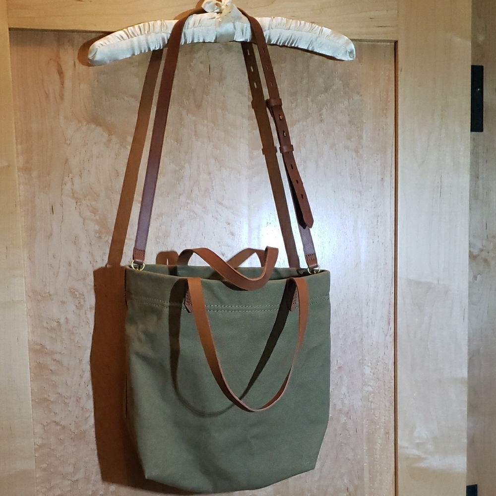 New Without Tags Madewell Medium Transport Tote Olive Green Canvas Brown Leather